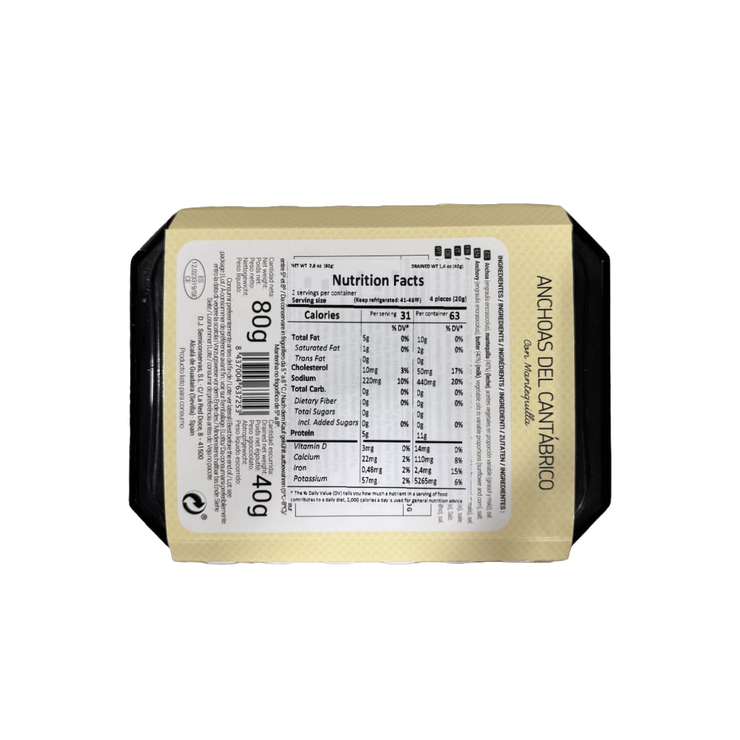 nutrition facts label back Cantabrian anchovies in butter Delgado