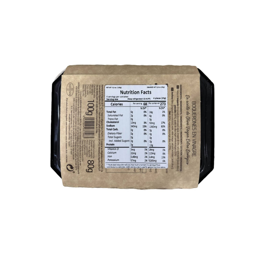nutrition facts label of boquerones en vinagre in extra virgin olive oil Delgado