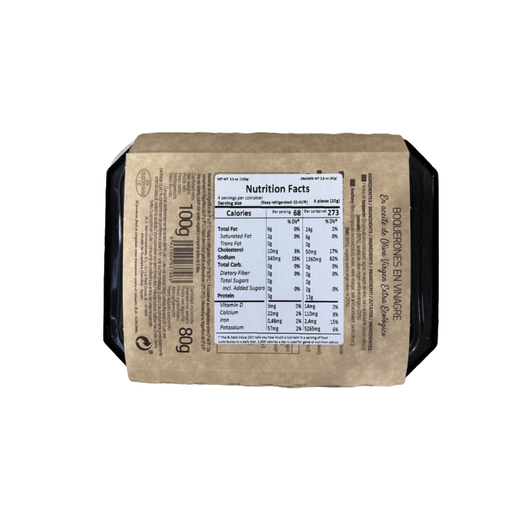 nutrition facts label of boquerones en vinagre in extra virgin olive oil Delgado