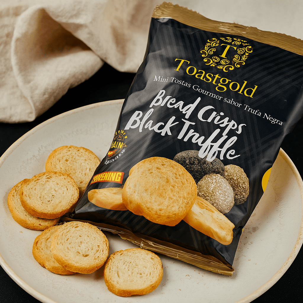 Toastgold Black Truffle bread crisps on a plate with packaging