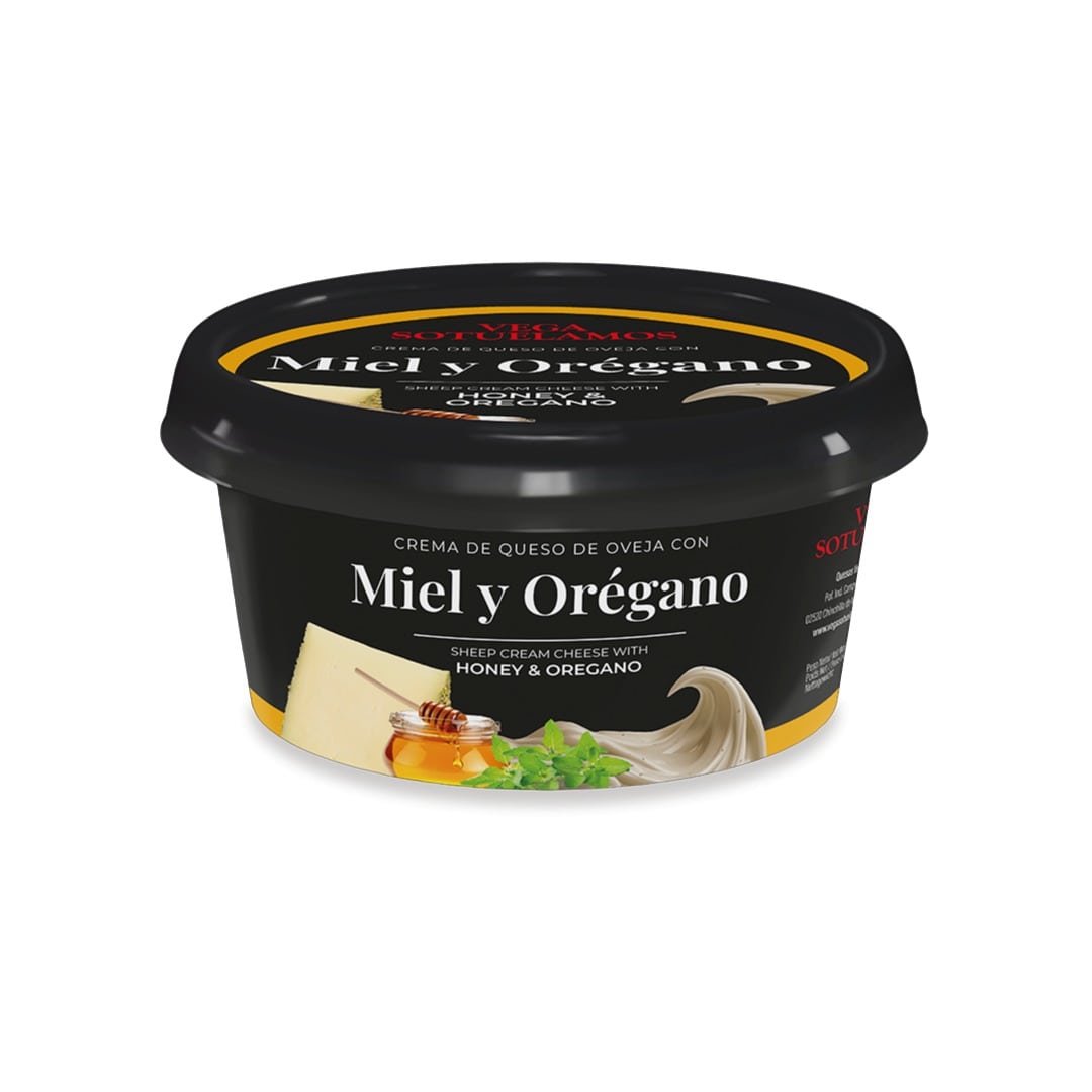 Container of Miel y Orégano cheese spread on a white background