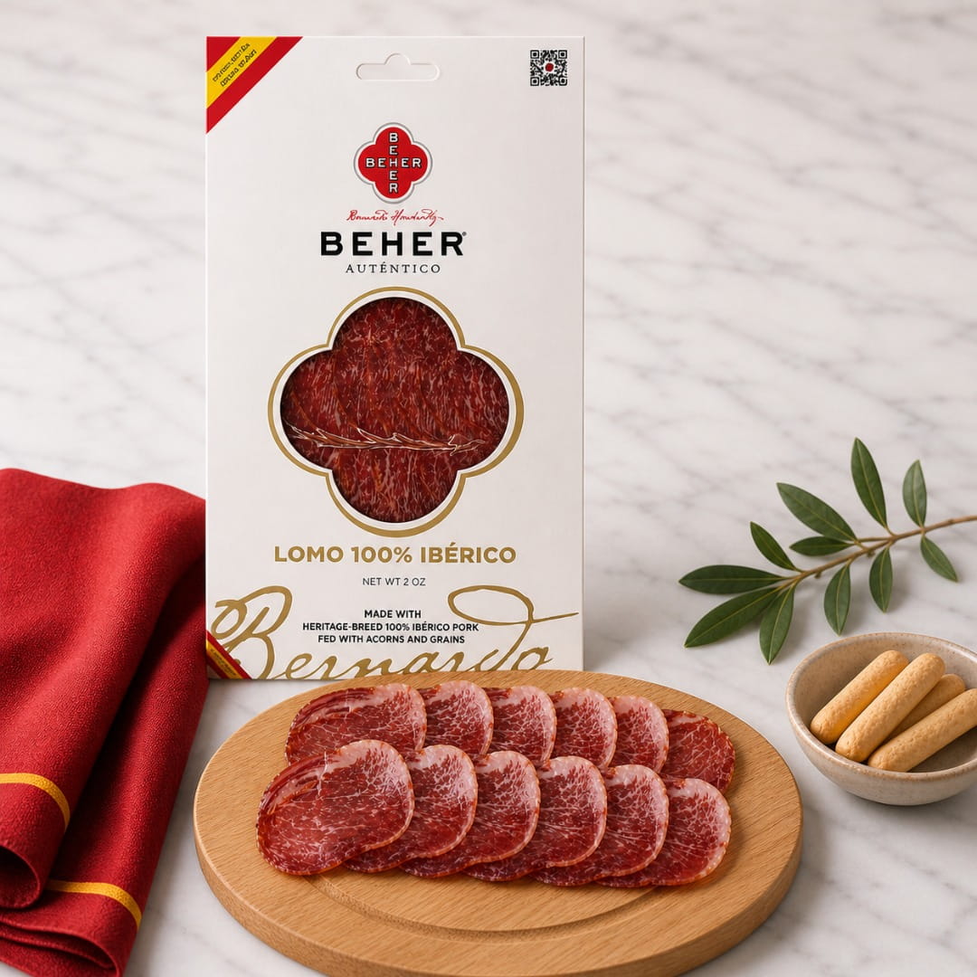 Beher Lomo 100% Ibérico packaging with sliced meat on a wooden board, red napkin, and olive branch.