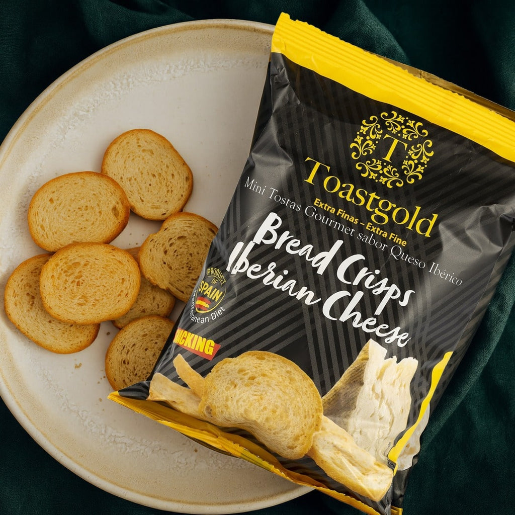 Toastgold Bread Crisps Iberian Cheese package with crackers on a plate