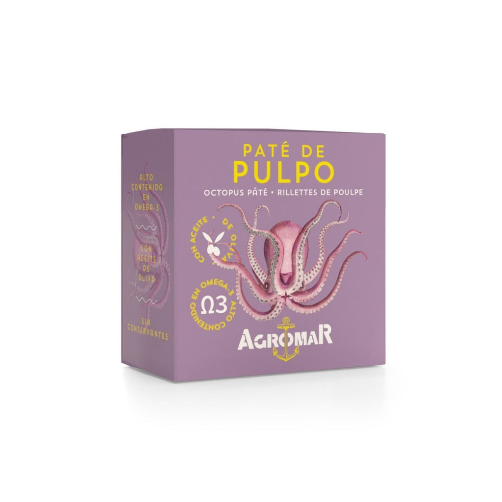 Purple box of Agromar octopus pate with an octopus illustration on a white background