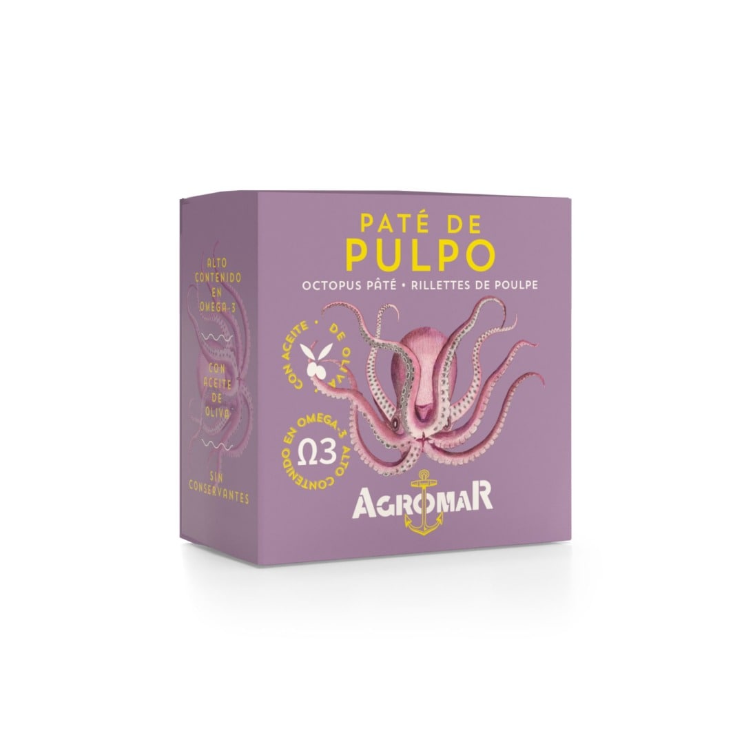 Purple box of Agromar octopus pate with an octopus illustration on a white background