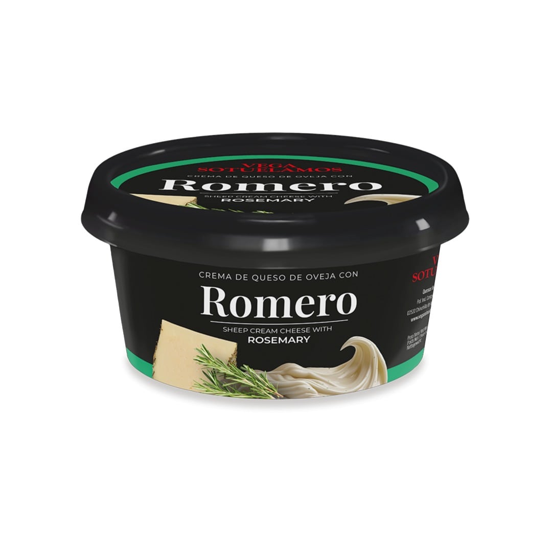 Container of Romero sheep cream cheese with rosemary on a white background