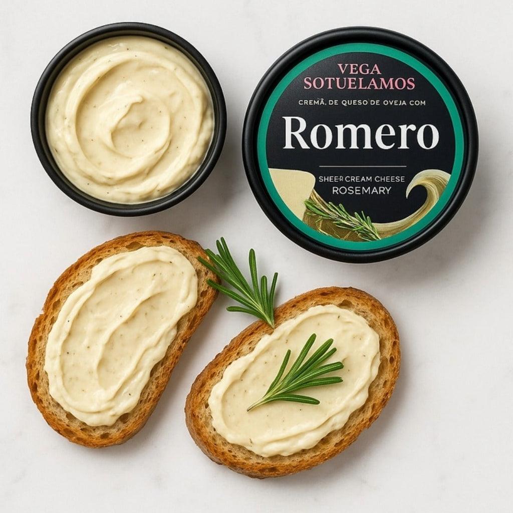 Sheep's cream cheese spread on bread with a container labeled 'Vega Sotuelamos Romero'.