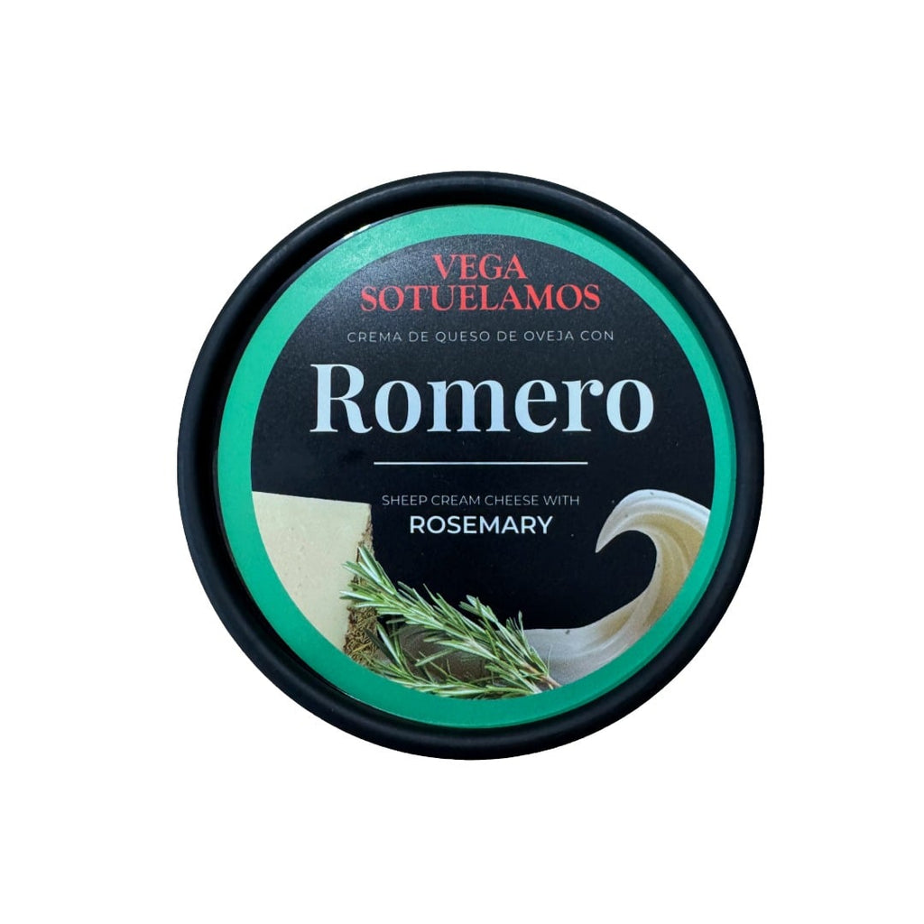 Container of Romero sheep cream cheese with rosemary on a white background