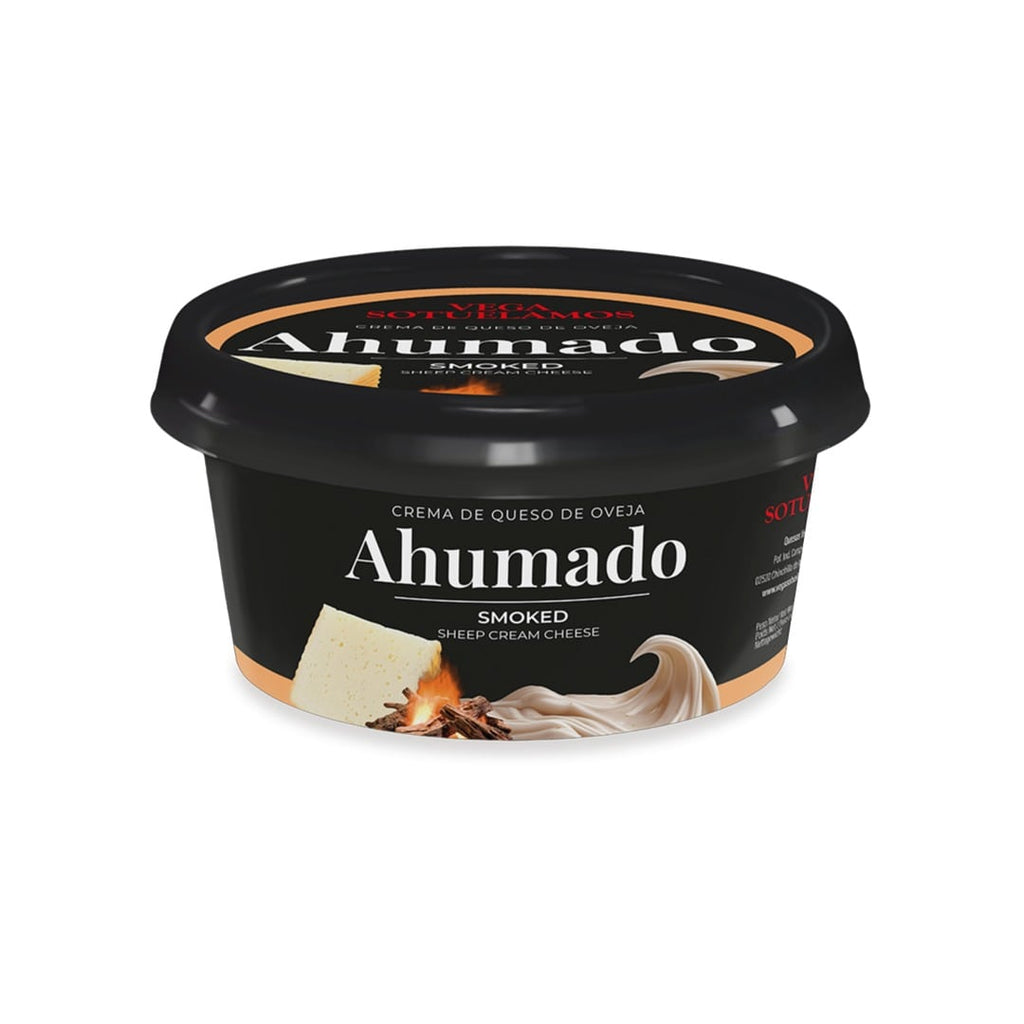 Container of Ahumado smoked sheep cream cheese on a white background