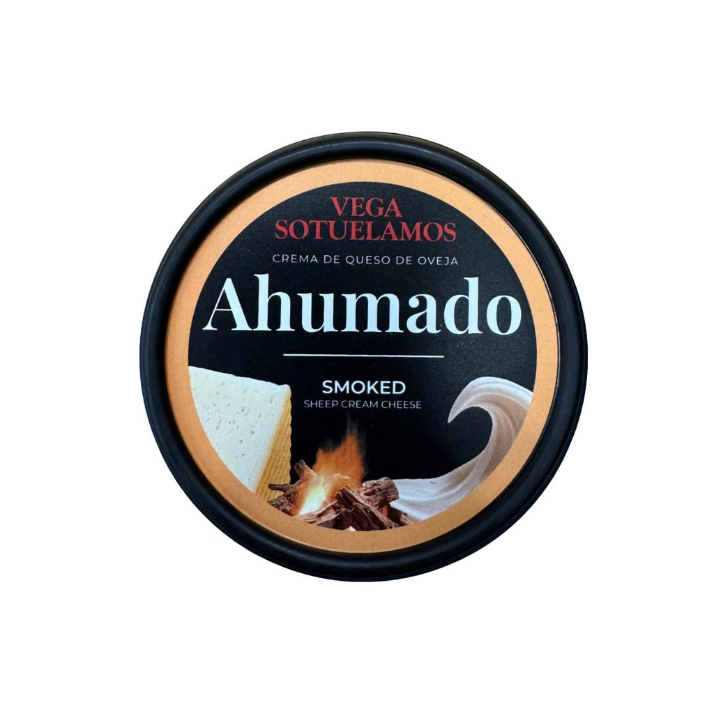 Container of Vega Ahumado smoked sheep cream cheese on a white background