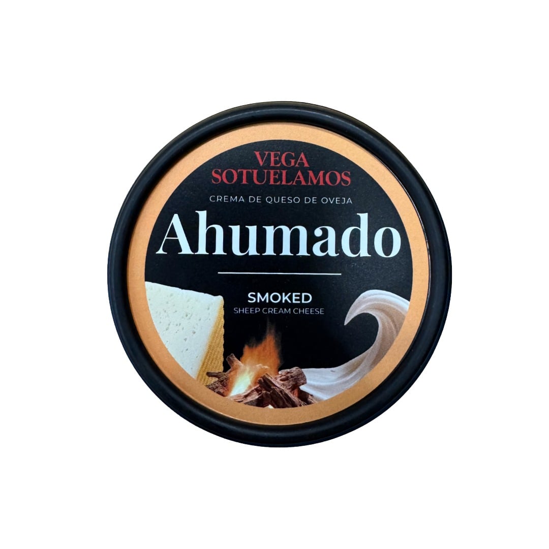 Container of Vega Ahumado smoked sheep cream cheese on a white background