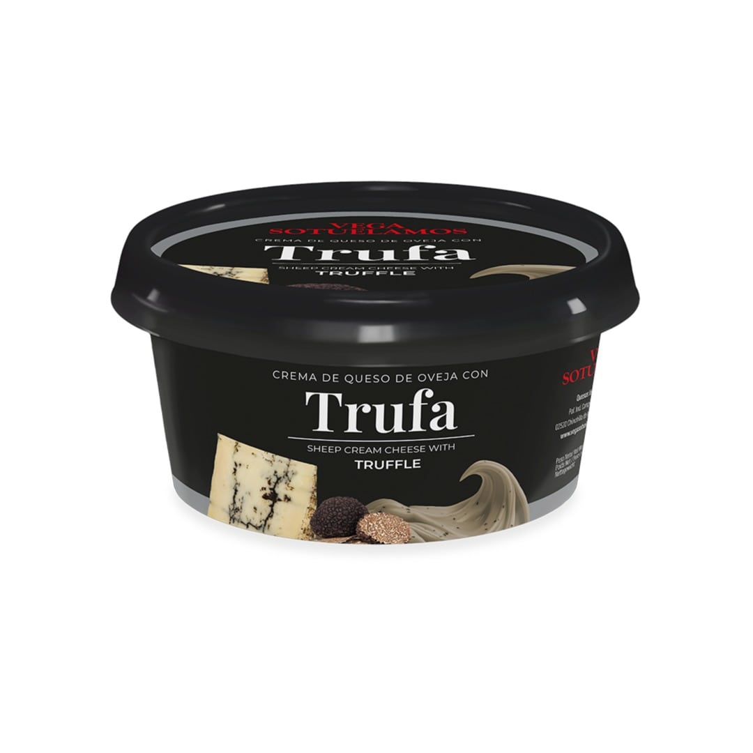 Container of Trufa sheep cream cheese with truffle on a white background