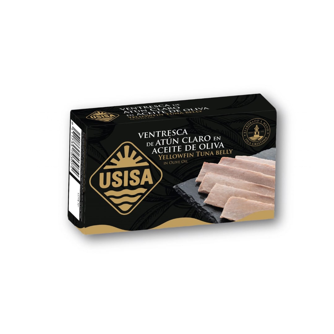 A packaged product of USISA Tuna Belly in Olive Oil, showing the product name and an image of the tuna inside the package.